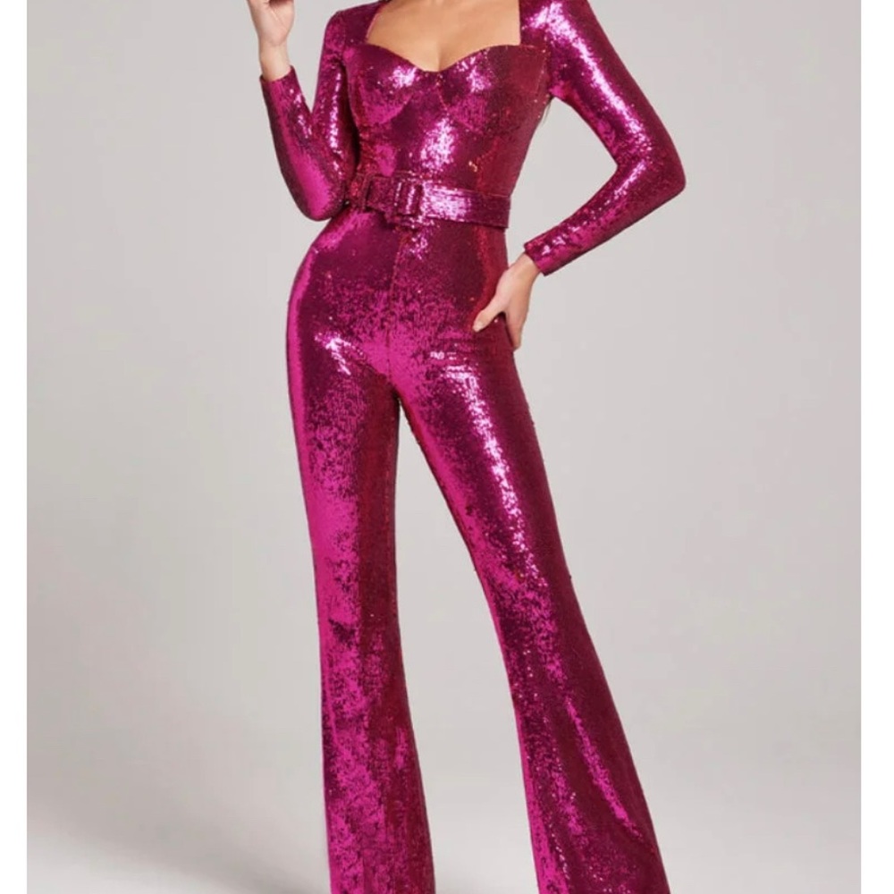Barbie Pink Sequin Long Sleeve Sweetheart Neck Flared Belted Jumpsuit